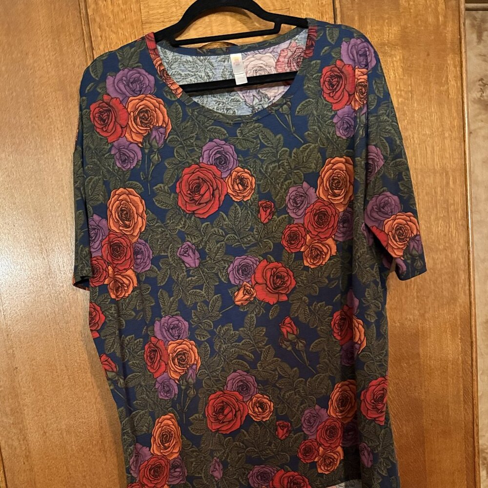 LuLaRoe Irma, Size Large, Rose design of Red, Purple, Peach w/Green leaves
